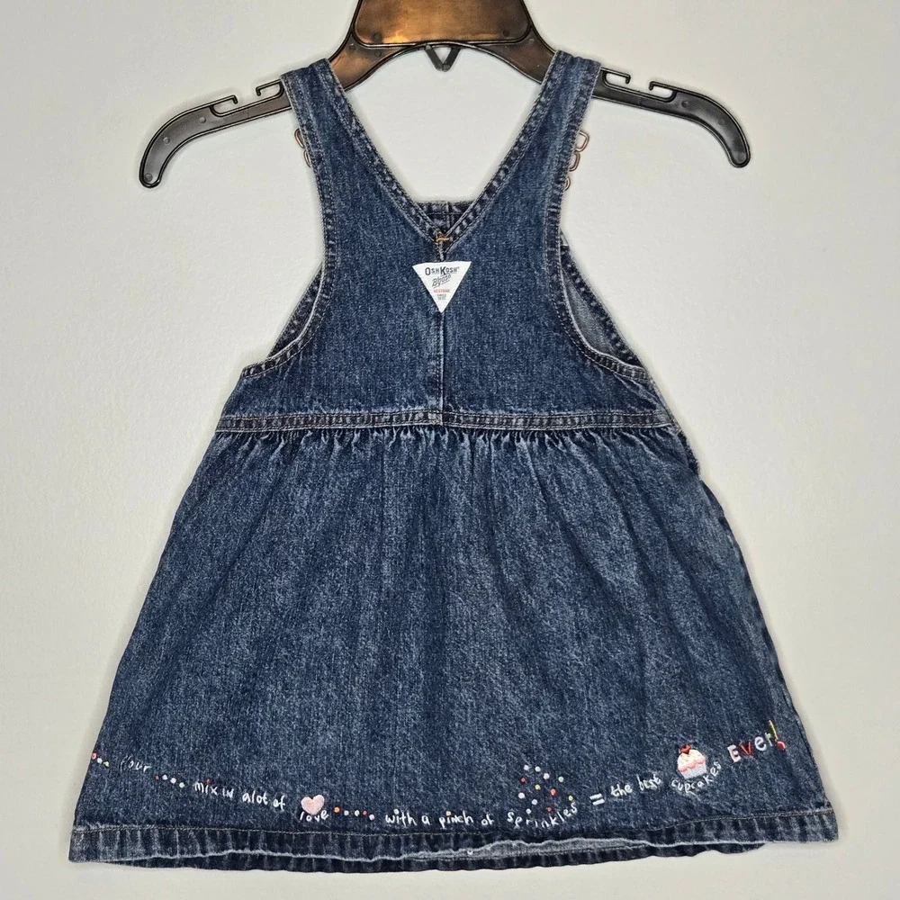 OshKosh B'gosh Girls 3T Vintage Denim Overall Dress Cupcake Flower Embroidery